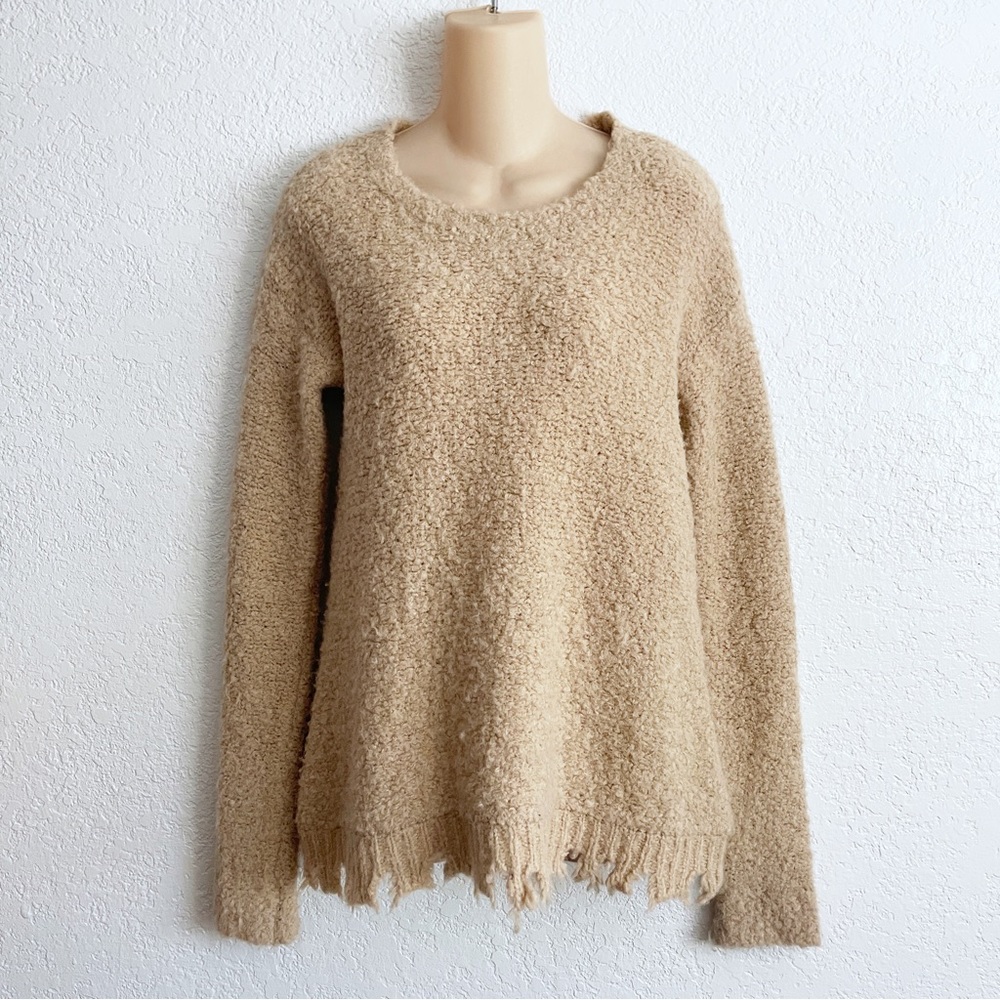 ATM Destroyed Hem Alpaca Wool Blend Tan Sweater SMALL Nubby Pullover Soft
